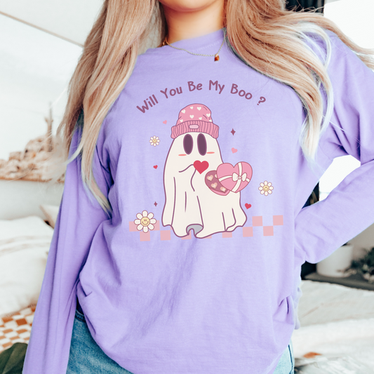 Be My Boo? Retro Cute Ghost Valentine's Day Long Sleeve Shirt