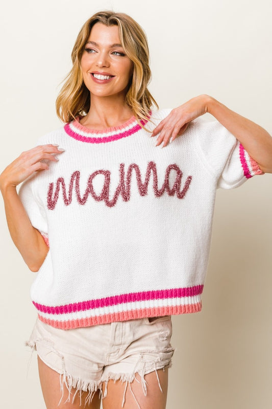 Mama Tinsel Embroidered Short Sleeve Spring Sweater