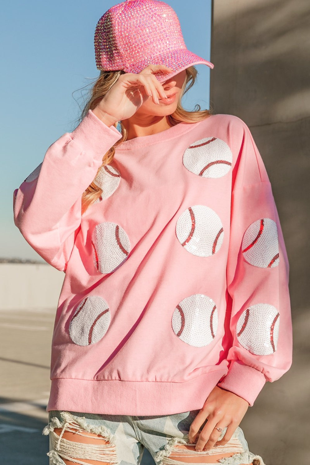 Playful in Pink Sequin Baseball Patch Terry Sweatshirt