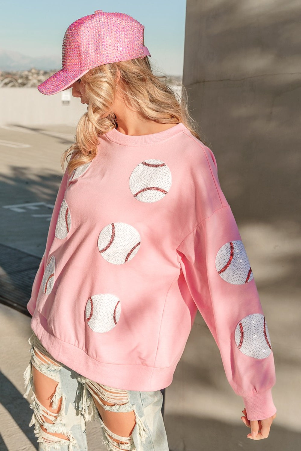 Playful in Pink Sequin Baseball Patch Terry Sweatshirt