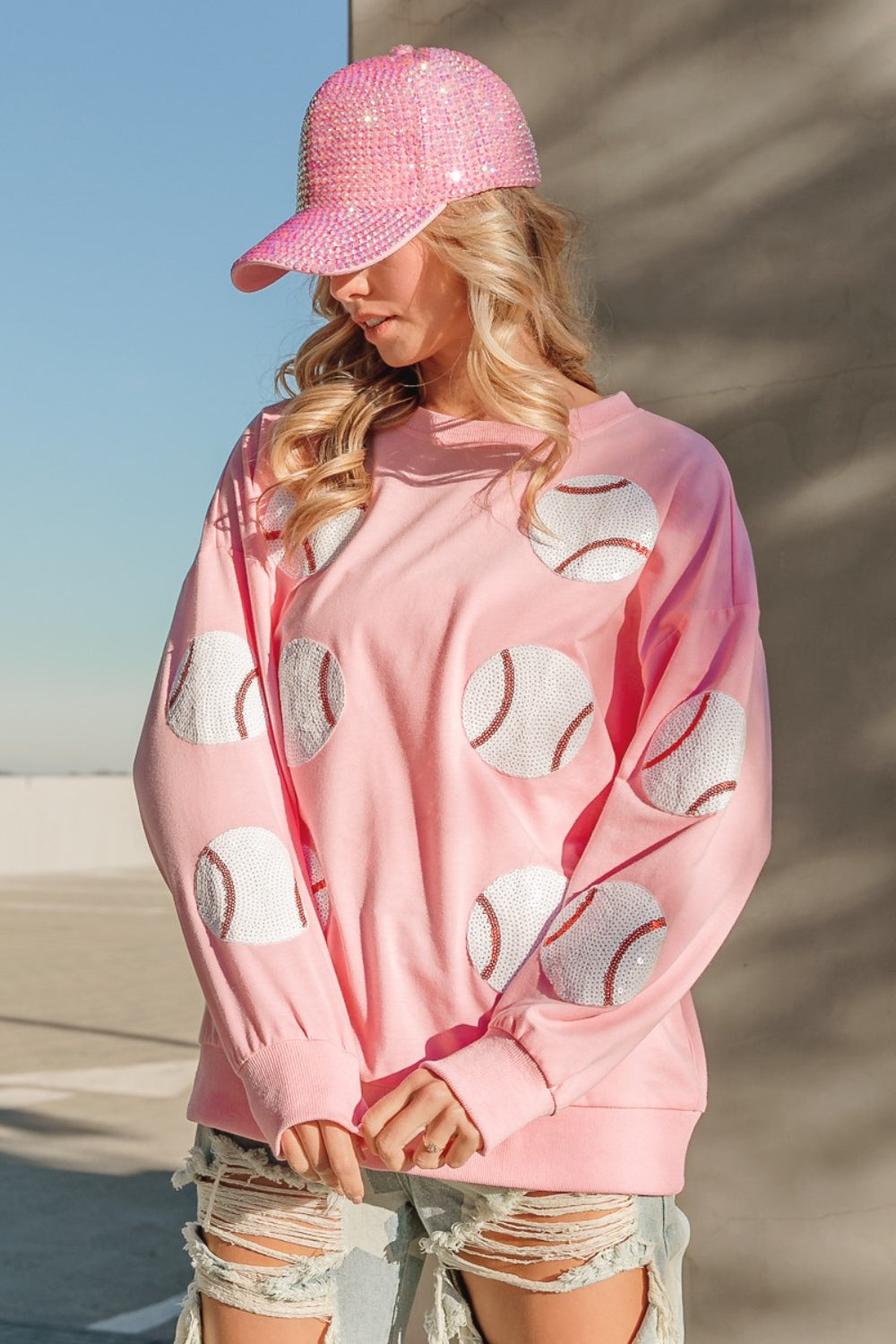 Playful in Pink Sequin Baseball Patch Terry Sweatshirt