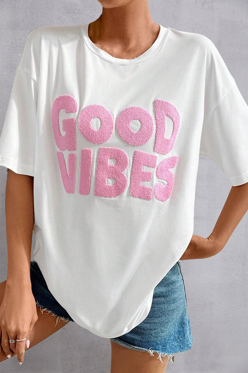 Good Vibes Fuzzy Chenille Letter Tee
