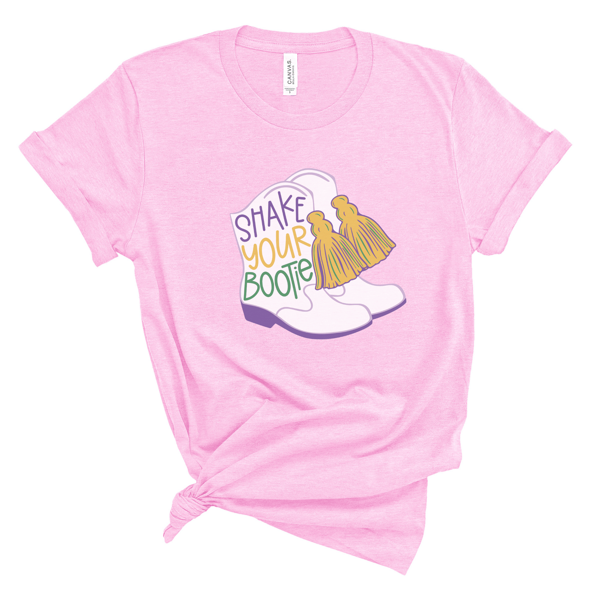 trendy pink mardi gras shirt featuring dancer boots with the saying Shake Your Bootie, perfect shirt for Spanish Town Parade