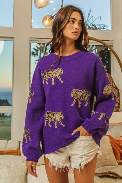 Purple Tiger Long Sleeve Sweater