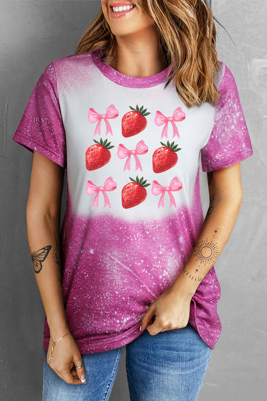 Strawberry Coquette Bow Bleached Short Sleeve Tee