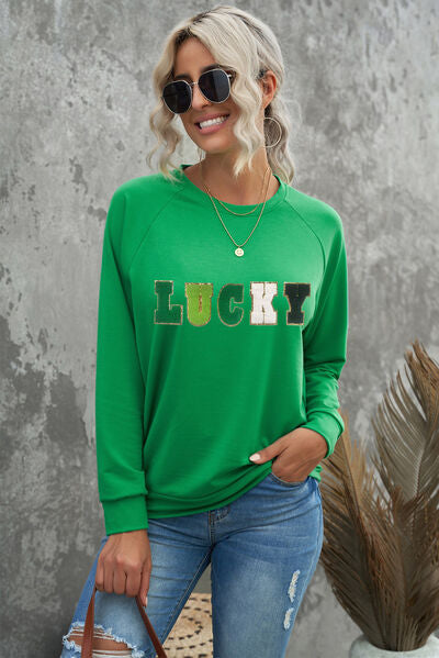 LUCKY Round Neck Raglan Sleeve St. Patrick's Day Sweatshirt
