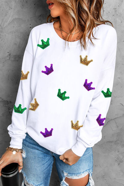Mardi Gras Queen Crown Sequin Round Neck Sweatshirt
