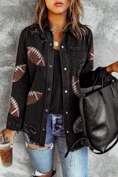 Sequin Football Patch Snap Down Black Distressed Jacket