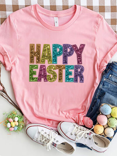 Happy Easter Faux Glitter Colorful Spring Graphic Tee