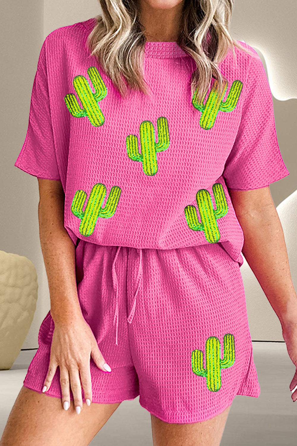 Prickly Pink Waffle-Knit Sequin Cactus Set