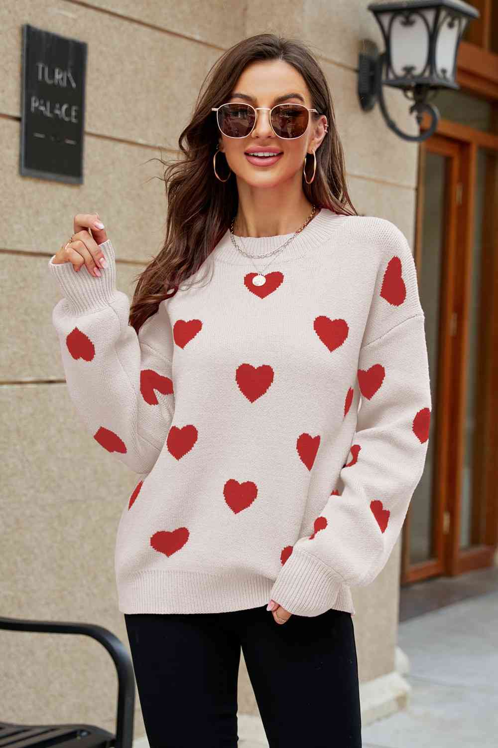 Heart Pattern Lantern Sleeve Round Neck Tunic Sweater