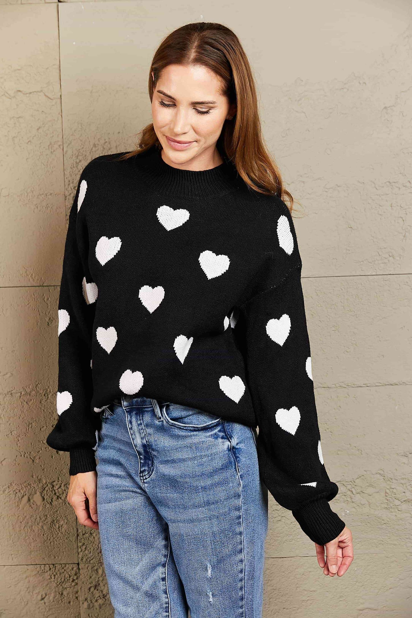 Heart Pattern Lantern Sleeve Round Neck Tunic Sweater