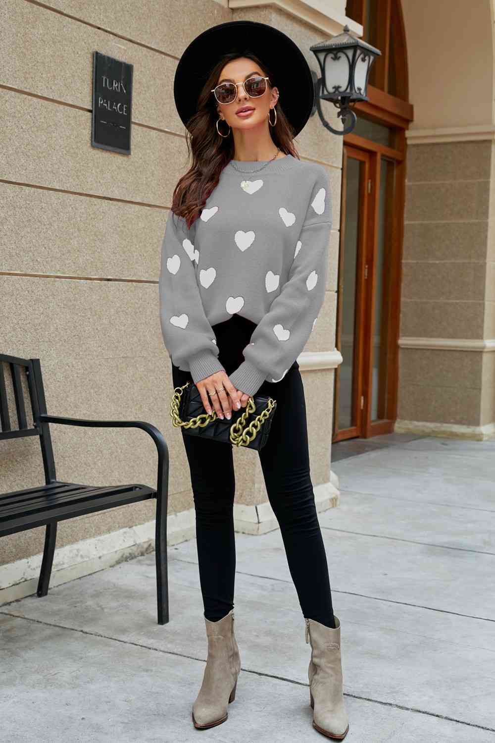 Heart Pattern Lantern Sleeve Round Neck Tunic Sweater