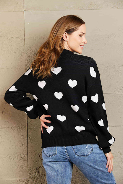 Heart Pattern Lantern Sleeve Round Neck Tunic Sweater